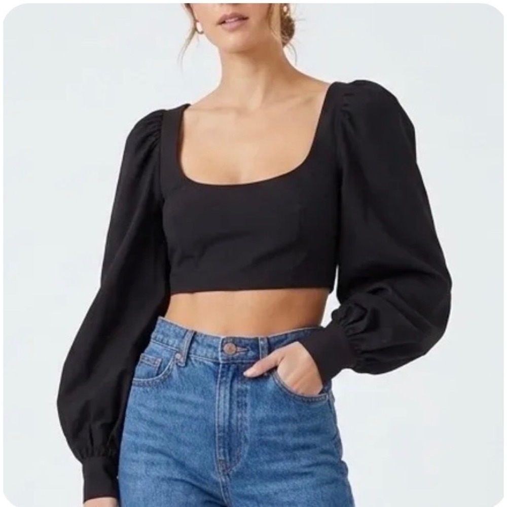 Naked Wardrobe Crop Top Womens Small Black Excellent Puff Sleeve The Statement